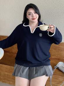 Dazy Plus 加大码刺绣图案撞色宽松 T 恤，春夏秋季学院风上衣长袖女上衣，秋季女装 - 藏蓝色 - 查看 7