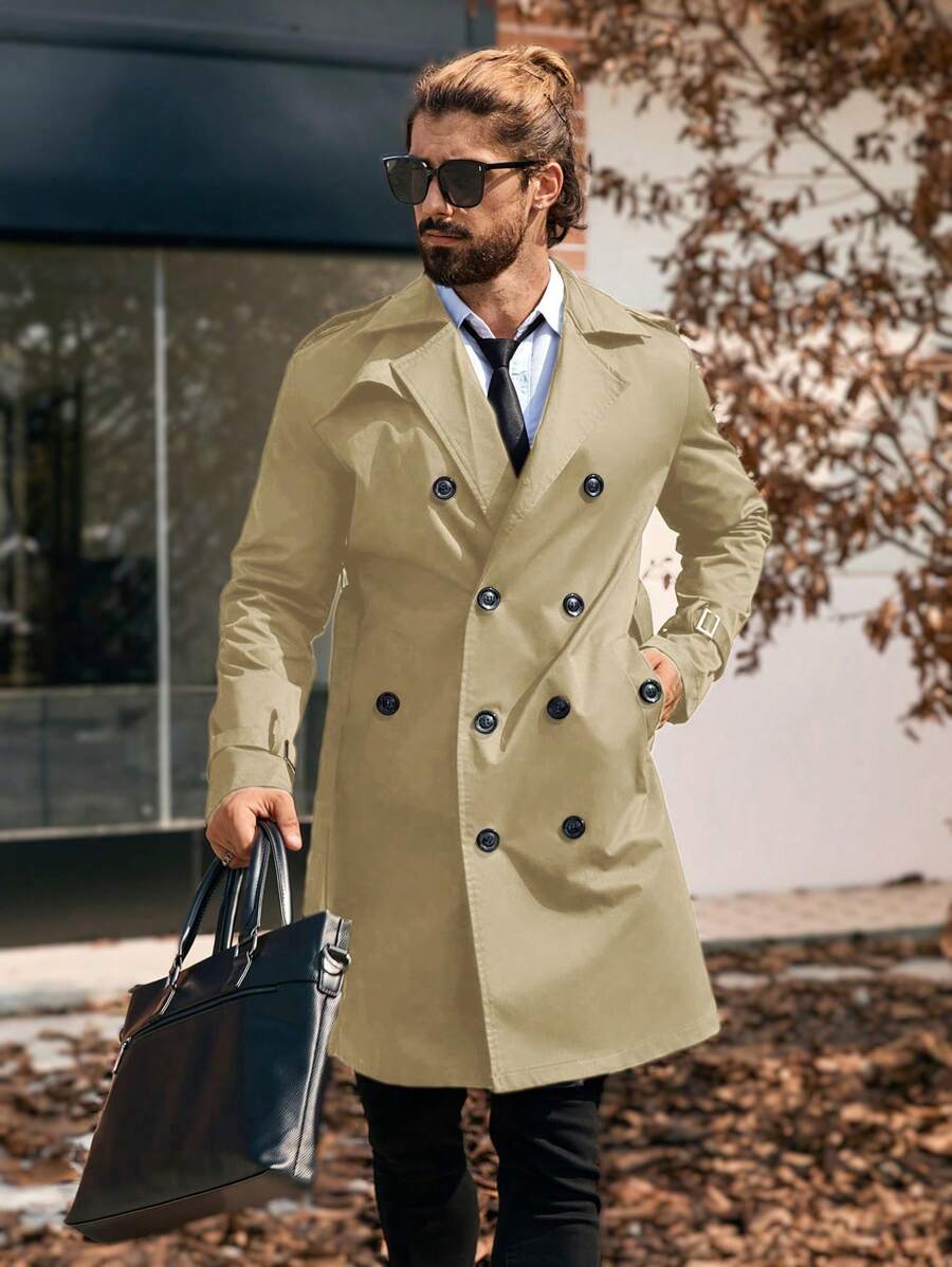 Manfinity Homme 男士纯色双排扣口袋长袖风衣，秋季男装，蓝色风衣，送给男朋友的礼物 - 卡其色 - 查看 1