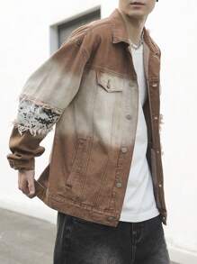 Manfinity Roghcode Plus Size Men Casual Distressed Gradient Camouflage Patchwork Denim Jacket, For Party - Brown - View 5
