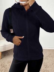 SHEIN Essnce Women's Casual Fashion Slim Fit Regular Hooded Long Sleeve Coat Zip Up Women Hoodie Essentials Hoodie Women Tracksuit Workout Jacket Fall Women Clothes - Navy Blue - View 5