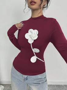 Firerie Women's Autumn Elegant Vintage Floral Print Tight Fit Long Sleeve T-Shirt, Suitable For Work And Holiday