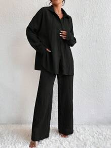 SHEIN PETITE 2pcs/Set Petite Lantern Sleeve Textured Cardigan And Pants Set - Black - View 1