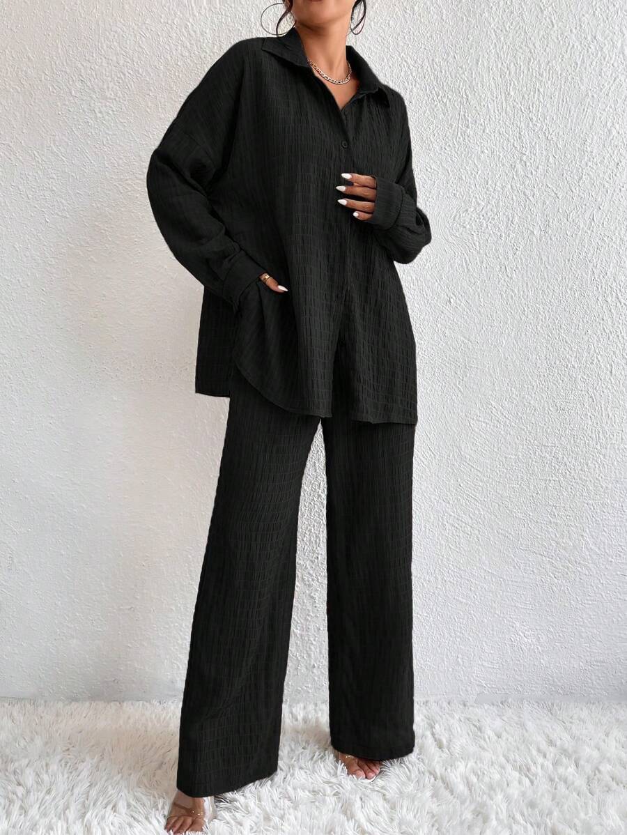 SHEIN PETITE 2pcs/Set Petite Lantern Sleeve Textured Cardigan And Pants Set - Black - View 1