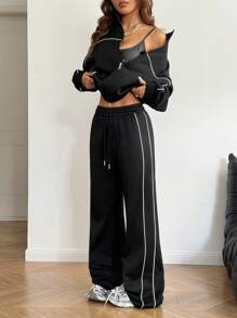 Coolane 女士两件套前拉链长袖连帽衫和抽绳腰裤休闲套装 - 黑色 - 查看 3