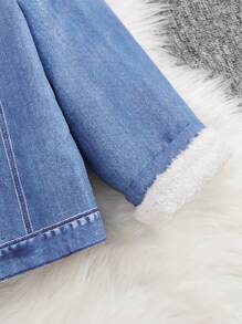 青少年女孩休闲街头服饰舒适针织牛仔效果长袖翻领夹克，适合外出、上学、日常聚会、秋冬 - 中等水洗藍 - 查看 8