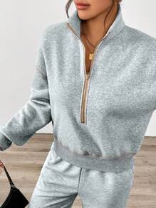 SHEIN LUNE 1pc Women Half-Zip Colorblock POLO Collar Casual Sports & Home Comfortable Elegant Outdoor Warm Lining Sweatshirt, Autumn/Winter