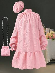 SHEIN Tween Girls Elegant Solid Color Long Sleeve Embossed Dress With Hat And Bag Set, Autumn/Winter - Pink - View 1
