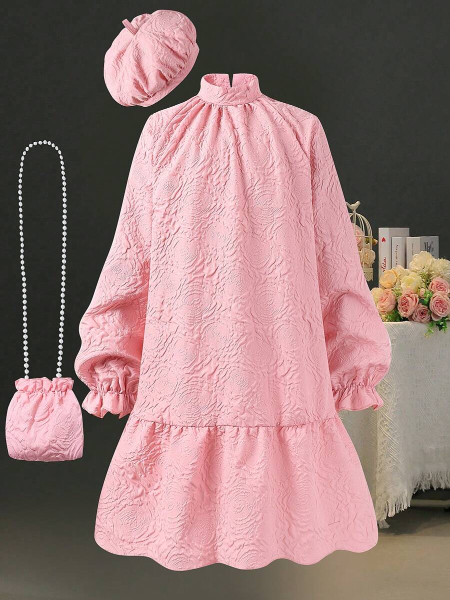 SHEIN Tween Girls Elegant Solid Color Long Sleeve Embossed Dress With Hat And Bag Set, Autumn/Winter - Pink - View 1