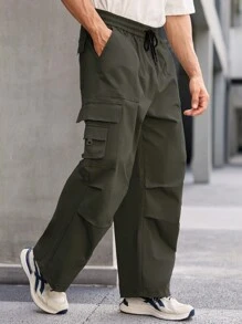 Manfinity Homme Men's Solid Color Pocket Drawstring Casual Pants, Versatile - Army Green - View 1