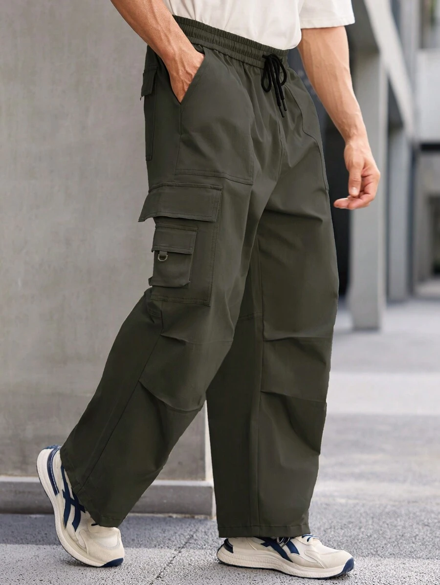 Manfinity Homme Men's Solid Color Pocket Drawstring Casual Pants, Versatile - Army Green - View 1