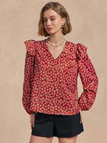 SHEIN Unity Women's Elegant Long Sleeve Ruffle Trim Floral Print Blouse Fall Cloth For Women - Red - View 4