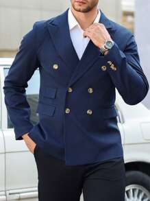 Manfinity Mode Men's Solid Color Lapel Double-Breasted Suit Jacket