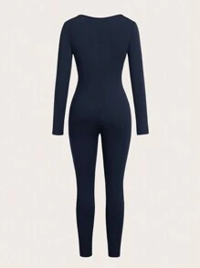 SHEIN SXY Set de 2 piezas Mono ajustado de manga larga cuello redondo de unicolor para mujer para otoño