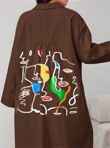 Mulvari Plus Size Women Abstract Portrait Print Dropped Shoulder Loose V-Neck Dress,Spring/Autumn - Coffee Brown - View 2