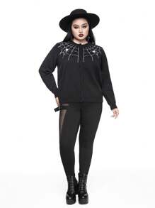 ROMWE Goth 哥特式蜘蛛网刺绣大码女式针织开衫，秋冬款 - 黑色 - 查看 4
