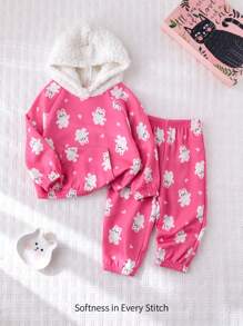 Cozy Pixies 2 pezzi/Set, maglioncino con cappuccio e pantaloni jogger, stampa coniglietto per bebè ragazza, abbigliamento invernale foderato termico