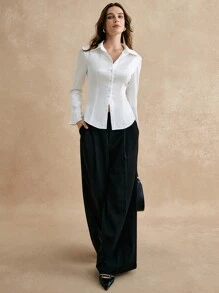 Poéselle 白色缎面长袖衬衫，优雅工作衬衫，女士纽扣衬衫