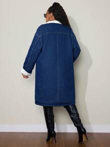 大码女式冬季加厚抓绒长款牛仔外套，圣诞节感恩节秋冬季 - 中等水洗藍 - 查看 2