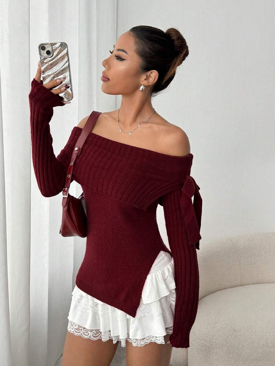 SHEIN Unity 女士露肩纯色侧开衩优雅毛衣，秋季 - 杏色 - 查看 1