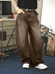 Manfinity Denimwave 复古 Y2K 街头风宽松棕色水洗休闲筒状牛仔裤（男士款）