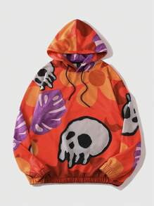 ROMWE MEN Street Life 男士卡通骷髅图案套头连帽衫，适合日常休闲穿着 - 紅色 - 查看 1