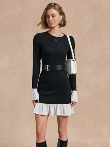 SHEIN Unity 女士纯色拼色圆领长袖简约短裙，休闲日常穿着 - 黑色 - 查看 6