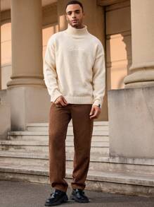 Manfinity VCAY 男士时尚休闲字母高领宽松针织趣味套头长袖毛衣适合年轻人秋冬季聚会老公 - 杏色 - 查看 3