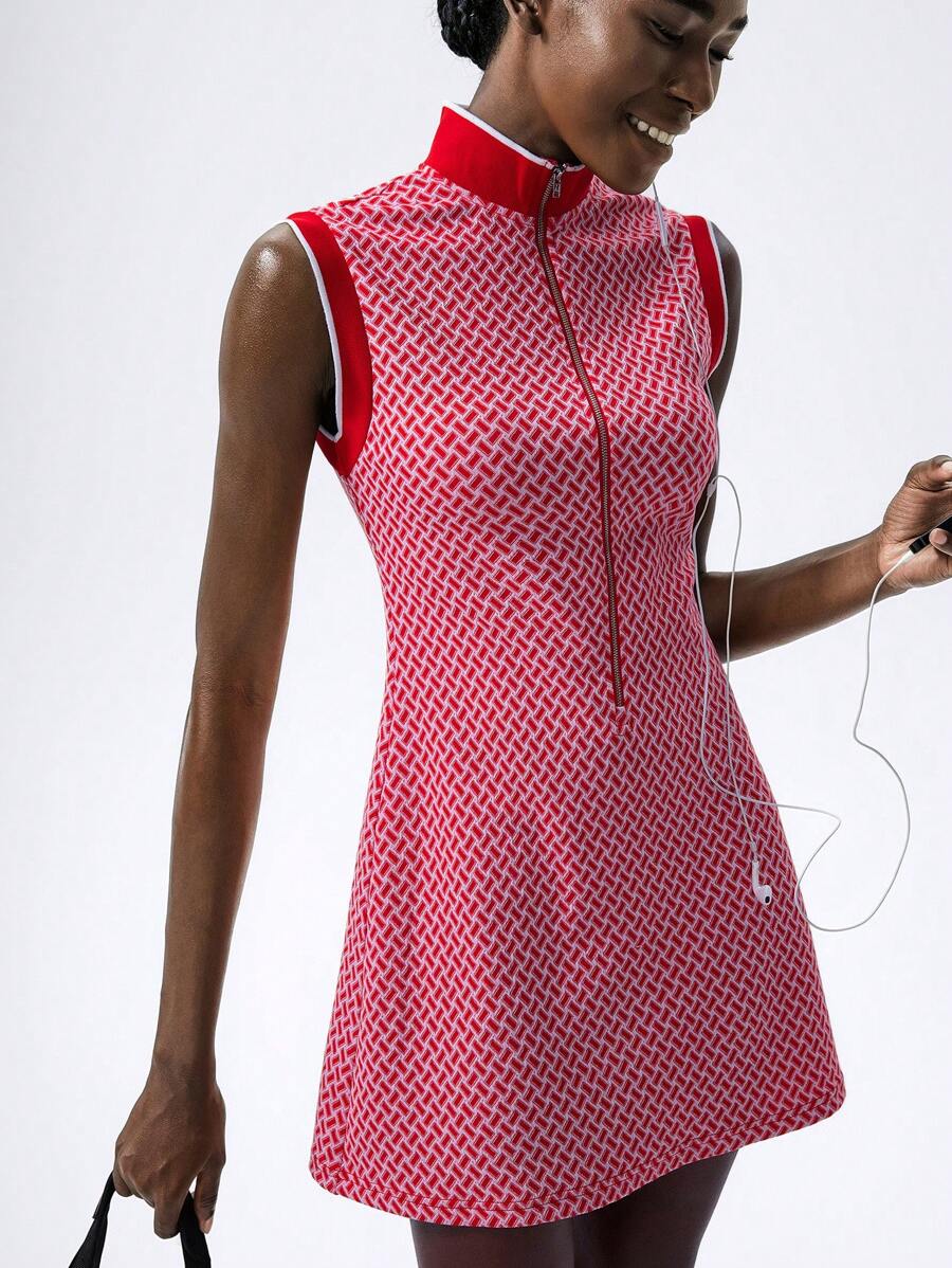 VARSITIE Retro Old Money Jacquard Turtleneck Sleeveless Zipper Slim Mini Dress Women Active Dresses - Red and White - View 1