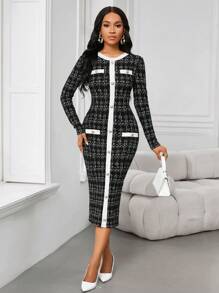 SHEIN Lady Đầm công sở thường ngày dệt kim co giãn cổ tròn thanh lịch dành cho nữ - Đen và trắng - Xem 7