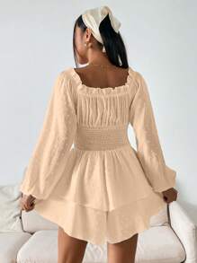 SHEIN VCAY Holiday Casual Solid Color Lantern Sleeve Tie-Waist Off Shoulder Romper - Apricot - View 2
