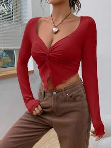 SHEIN EZwear Twist Front Asymmetrical Hem Khaki Crop Tee