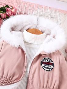 SHEIN Elladie kids 年轻女孩字母与蓬松饰边连帽收腰夹克，休闲秋冬 - 粉色 - 查看 8