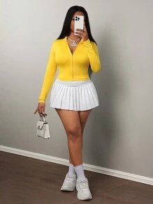 Slaydiva Minimalist Casual Basic Autumn/Winter Mock Neck Zip Up Long Sleeve Tight Fit Jacket Top For Women - Yellow - View 5