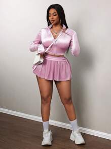 Slaydiva Bộ đồ thể thao hai mảnh màu đen nhung dành cho nữ, cổ đứng nhỏ, tay dài, nút cài trang trí, áo khóa kéo ngắn, cạp thấp, chân váy xếp ly siêu ngắn - Màu tím hoa cà - Xem 4