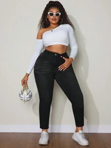 SHEIN ICON Plus Size Women's Slim Fit Denim Pants With Pockets - Black - View 3