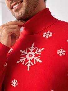 Manfinity VCAY Men's Loose Dropped Shoulder High Neck Long Sleeve Casual Knitted Sweater, Suitable For Autumn/Winter, Christmas, Couple & Family Matching - Red - View 3