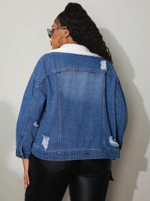 SHEIN SXY Plus Size Women Non-Stretch Denim Jacket With Sherpa Collar, Loose Fit Distressed Blue Denim Jacket For Autumn And Winter Christmas Thanksgiving - Medium Wash - View 5