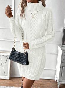 EMERY ROSE 女士纯色高领针织毛衣裙，休闲日常穿着，秋冬季 - 白色 - 查看 6