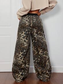 SHEIN PETITE Women Leopard Print Loose Fit 2 In 1 All-Cotton Jeans ,Petite Women - Multicolor - View 2