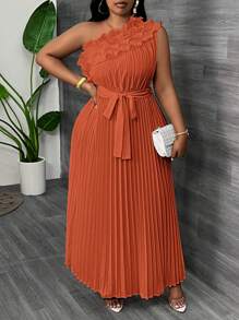 Slaydiva Elegant Luxurious Party Oblique Shoulder Asymmetrical Ruffle Hem Drape Fabric Apricot Summer Dress, Plus Size - Redwood - View 5