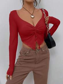 SHEIN EZwear Twist Front Asymmetrical Hem Khaki Crop Tee