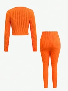 Zolique Textured Sports Top With Ruched Leggings Set Fall Cloth For Women - Orange - View 5