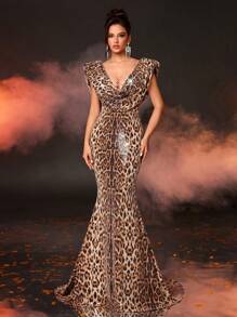 Glamrae Đầm dạ hội dài, bó sát, cổ chữ V sâu, đính sequins họa tiết da báo màu sâm panh, trang trí cổ bẻ, eo cao, thon gọn, đuôi cá dài, bền đẹp, đầm dạ hội trang trọng, dành cho khách dự tiệc cưới, tốt nghiệp, tiệc tối, tiệc tùng - Rượu sâm banh - Xem 1