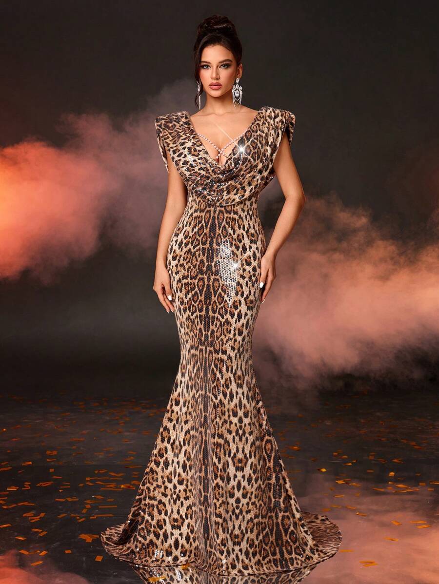 Glamrae Đầm dạ hội dài, bó sát, cổ chữ V sâu, đính sequins họa tiết da báo màu sâm panh, trang trí cổ bẻ, eo cao, thon gọn, đuôi cá dài, bền đẹp, đầm dạ hội trang trọng, dành cho khách dự tiệc cưới, tốt nghiệp, tiệc tối, tiệc tùng - Rượu sâm banh - Xem 1