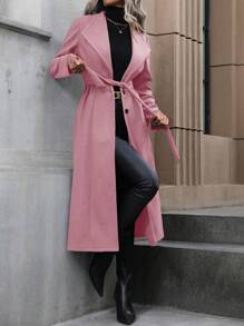 SHEIN Clasi Women's Solid Color Belted Long Sleeve Lapel Overcoat