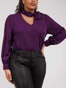SHEIN Clasi Plus Size Dark Purple Ruffle Collar Blouse, Office Lady Autumn - Purple - View 3