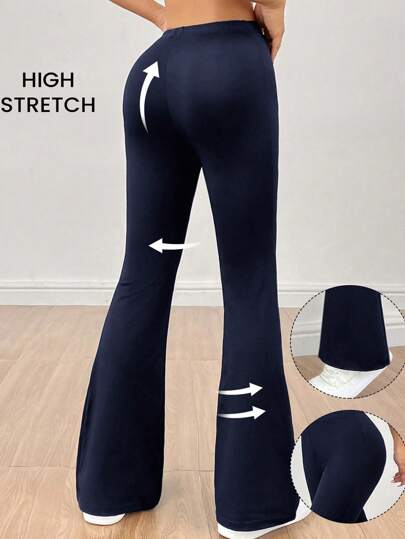 SHEIN VCAY Plus Size Women Solid Color Elastic Waist Flared Casual Leggings