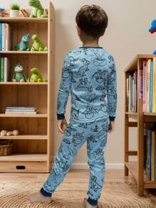 Young Boy Snug Fit Pajama Set, Blue Dinosaur Print Long Sleeve Top And Pants, Casual And Fashionable - Blue - View 8