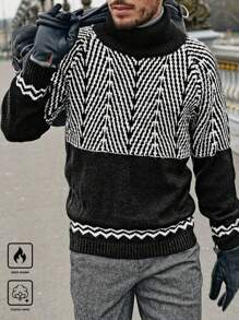 Manfinity Homme Men's Winter Geometric Pattern Turtleneck Casual Long Sleeve Sweater - Black - View 3