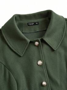 SHEIN Unity Plus Size Solid Color Peter Pan Collar Open Front Ruched A-Line Long Sleeve Dress - Army Green - View 7